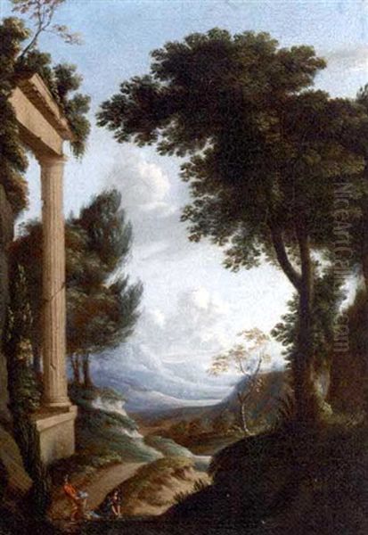An Extensive Landscape With A Classical Ruin And Peasants Washing At A Stream - view 1