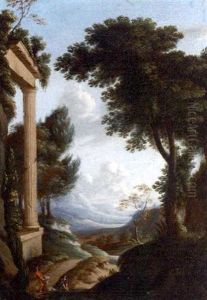 An Extensive Landscape With A Classical Ruin And Peasants Washing At A Stream An Extensive Landscape With A Classical Ruin And Peasants Washing At A Stream