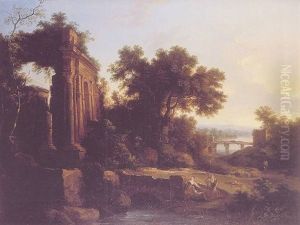 Paysage Avec Trois Personnages Discutant Pres D'une Ruine