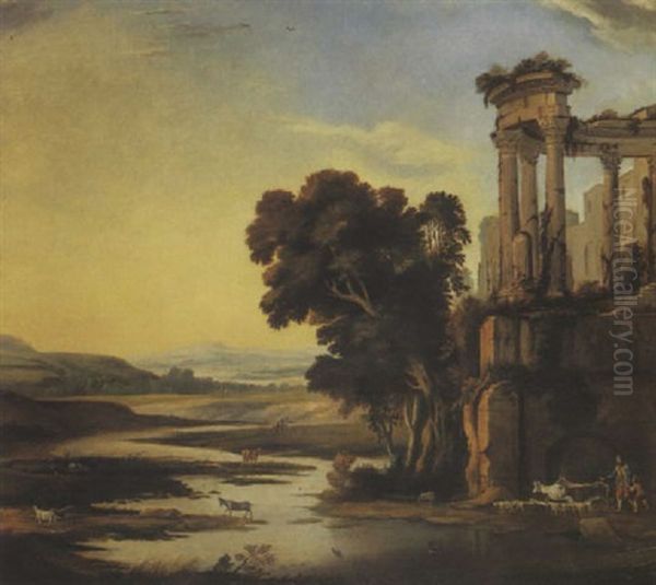 Bergers Dans Un Paysage Avec Un Temple Antique En Ruine - view 1