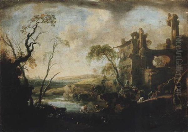 An Italianate Landscape, With Cows And Figures By A Pool - view 1