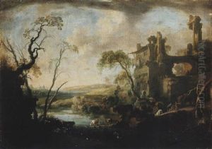 An Italianate Landscape, With Cows And Figures By A Pool by Pierre Antoine Patel