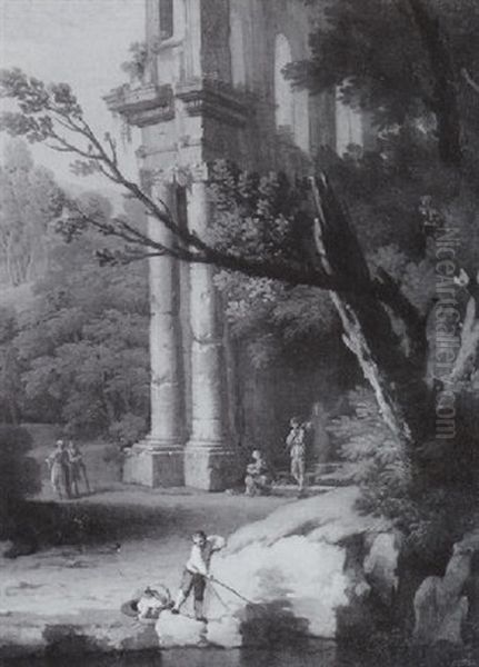 Paysage Avec Architecture Antique Et Pecheur - view 1