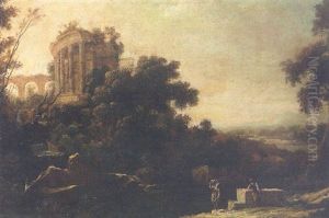 A River Landscape With Figures Resting Beneath A Ruined Temple