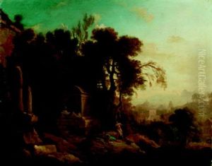 Antikisierende Landschaft Mit Zwei Figuren Bei Einem Grabmal