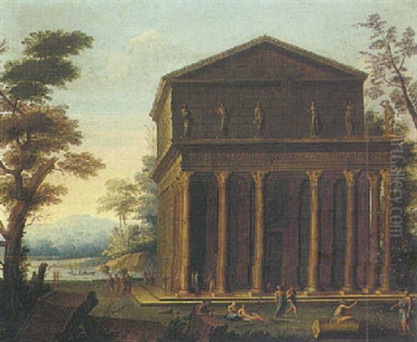 A Classical Landscape Withn Figures Before The Temple Of Antoninus And Faustina - view 1