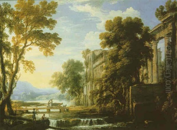 Arcadian Landscape With Figures And Animals Crossing A Bridge Before Classical Ruins - view 1