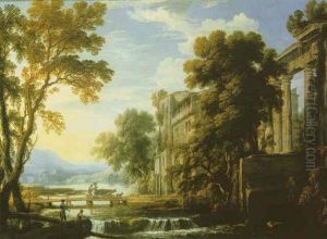 Arcadian Landscape With Figures And Animals Crossing A Bridge Before Classical Ruins
