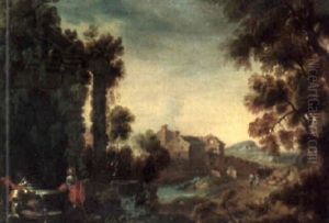 Wooded Landscape With Christ And The Woman Of Samaria Beside Ruins