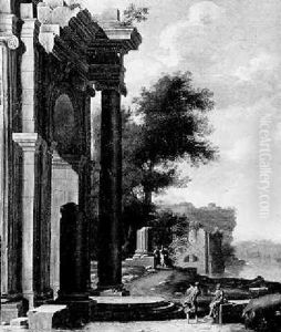 Tobie E L'ange Pres D'un Lac Et De Ruines Antiques by Pierre Antoine Patel
