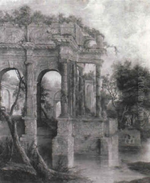 Capriccio Of Classical Ruins With Nymphs Bathing At A Pool - view 1