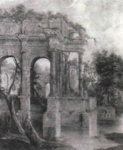 Capriccio Of Classical Ruins With Nymphs Bathing At A Pool by Pierre Antoine Patel