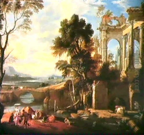 Paysage Avec Ruines Classiques Et Bergers Gardant Un Troupeau - view 1