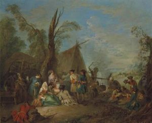 Soldiers And Vivandieres Cooking And Resting Around A Campfire, A Wagon And A Tent Beyond by Jean-Baptiste Pater