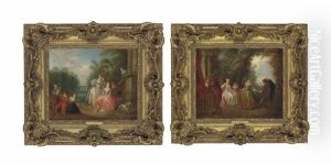 An Elegant Couple Dancing, With Other Figures Resting In A Wooded Landscape (+ Elegant Figures Making Music And Resting In A Park Landscape By A Classical Building; Pair) by Jean-Baptiste Pater
