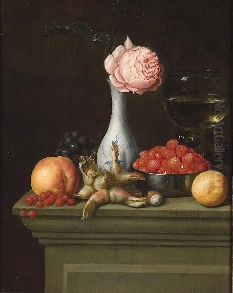 A
Of White Wine, A Bowl Of Wild Strawberries, Peaches, Grapes, Cobb Nuts And Redcurrants On A Stone Ledge With A Rose In A Blue And White Vase - view 1