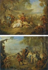 Figures Resting In A Military Encampment (+ Figures In A Military Encampment With A Horseman Directing Troops, Lrgr; Pair) by Jean-Baptiste Pater