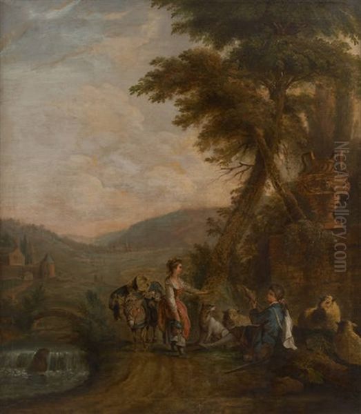 Galante Conversation Sur Fond De Paysage Avec Cascade - view 1