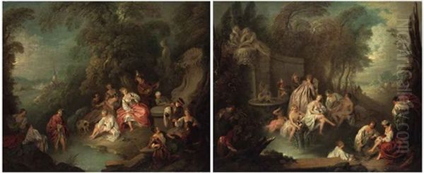Fete Champetre With A Musician And A Statue Of Venus Behind (+ Fete Champetre With Bathers In Front Of A Fountain; Pair) - view 1