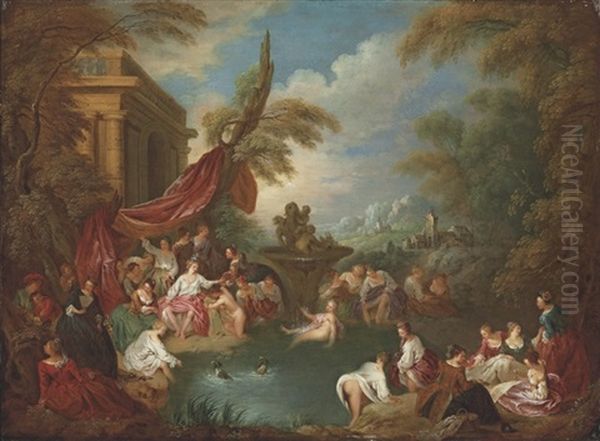 An Extensive Landscape With Women Bathing In A Wooded Enclosure By Ruins - view 1