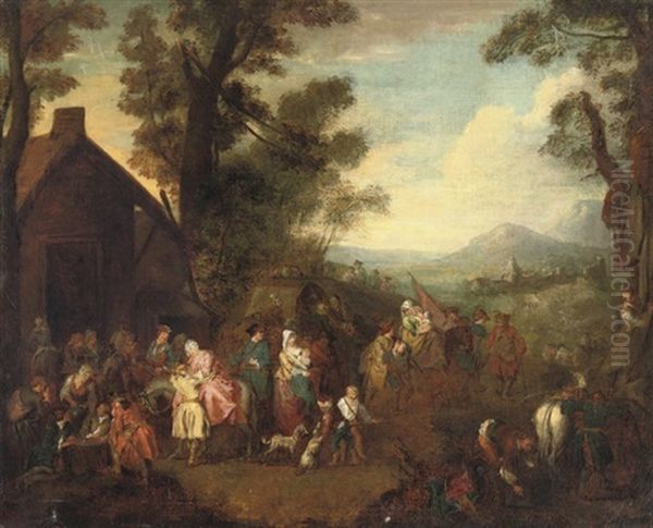 Soldiers, Women And Children Before A Barn - view 1