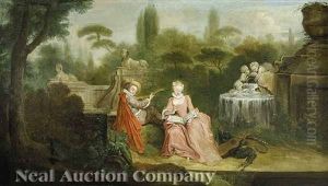 A Music Making Couple In A Sculpture Park by Jean-Baptiste Pater