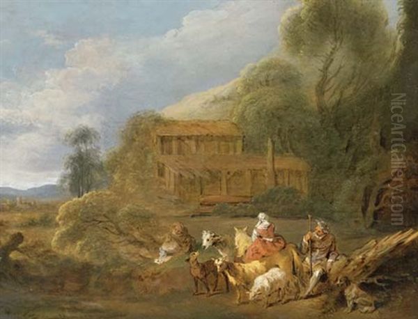 An Arcadian Landscape With Shepherds And Shepherdesses Resting By A Pond - view 1
