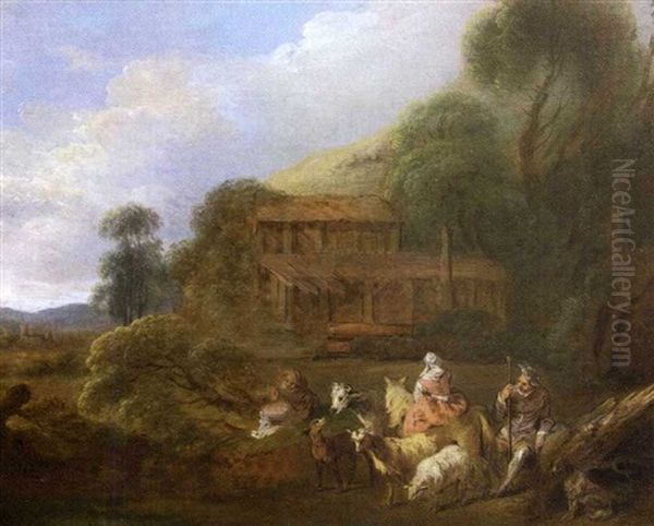 Paysage Aux Bergers Et Leur Troupeau De Chevres - view 1