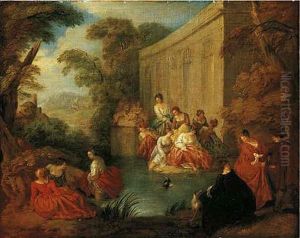 Ladies Bathing At A Pool Before A Rococo Pavilion, In A Wooded Clearing by Jean-Baptiste Pater