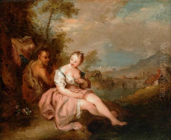 Two Nymphs With A Satyr In A River Landscape, A View To A Village Beyond - view 1