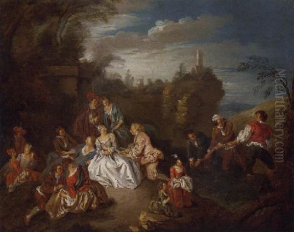 A Fete Champetre With Boys Fishing In A Stream Beyond - view 1