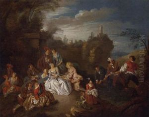 A Fete Champetre With Boys Fishing In A Stream Beyond by Jean-Baptiste Pater