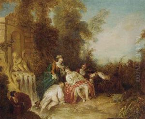 Ladies Bathing At A Fountain With Onlookers By A Fence by Jean-Baptiste Pater