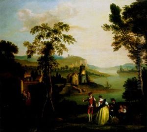 Elegant Figures In A Parkland Landscape, Mediterranean Harbour And Castle Beyond