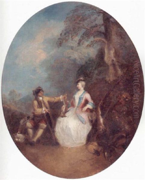 A Wooded Landscape With A Huntsman Offering A Rabbit To An Elegant Lady - view 1
