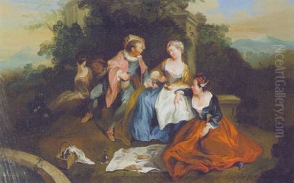 Elegant Figures Picnicking By A Fountain In A Park - view 1