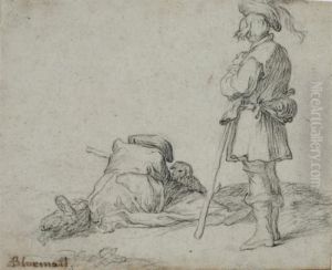 Berger Debout Et Bergere Assise Pres De Son Panier Avec Un Chien