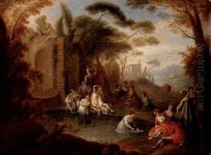 Elegant Company And Women Bathing In A Parkland Setting by Jean-Baptiste Pater