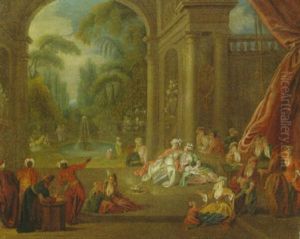 A Sultan And Company On A Terrace, A Fountain In A Garden Beyond