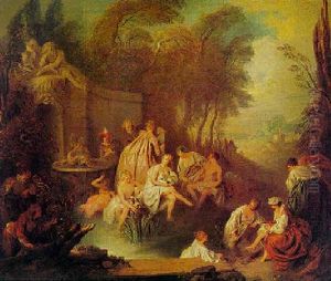 Fete Champetre With Ladies Bathing In A Brook Before A Fountain With A River God by Jean-Baptiste Pater