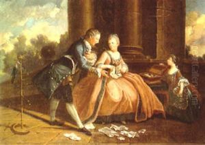 A Lady Destroying Her Love Letters With Her Suitor And A Girl Looking On In A Colonnade by Jean-Baptiste Pater