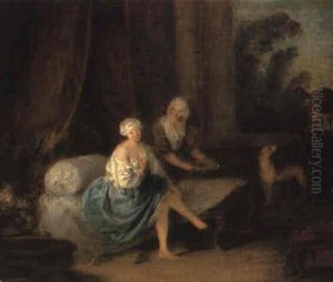 A Lady In Her Bedroom With Her Maid, A Dog And A Cat
