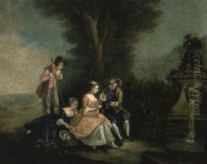 Elegant Company Making Music Near A Fountain by Jean-Baptiste Pater
