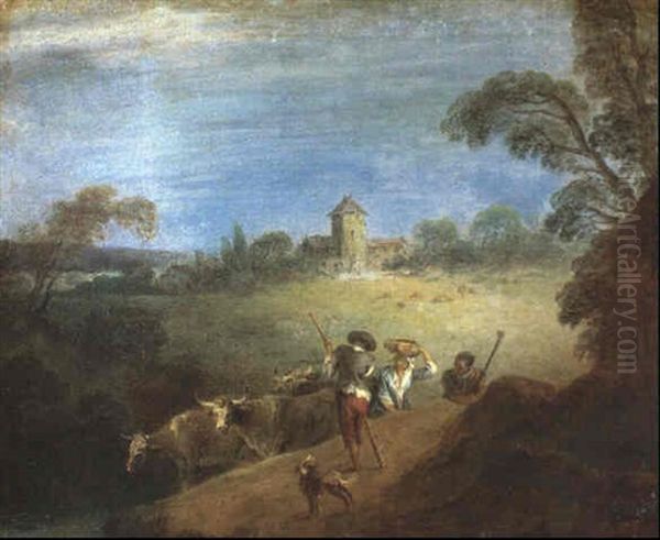 Hirten Mit Herde Und Hund In Weiter Landschaft - view 1