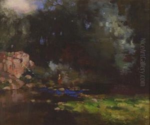 Girl In A Red Dress On The Bank Of A River Girl In A Red Dress On The Bank Of A River
