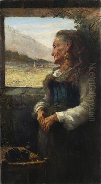 Contadina Abruzzese Con Paese Di Montagna Sullo Sfondo - view 1