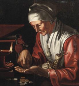 An Old Lady Seated At A Table Counting Money