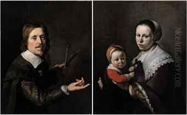 Portrait Of Gijsbert Gillisz. De Hondecoutre (1604-1653),half-length, Holding A Palette And Brushes; And Portrait Of Hiswife Maria Hulstman, Half-length, Holding A Child - view 1