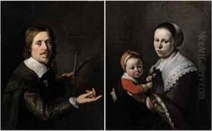 Portrait Of Gijsbert Gillisz. De Hondecoutre (1604-1653),half-length, Holding A Palette And Brushes; And Portrait Of Hiswife Maria Hulstman, Half-length, Holding A Child by Hendrick Bloemaert