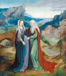 Maria Heimsuchung Vor Dem Hintergrund Einer Weiten Landschaft by Joachim Patinir